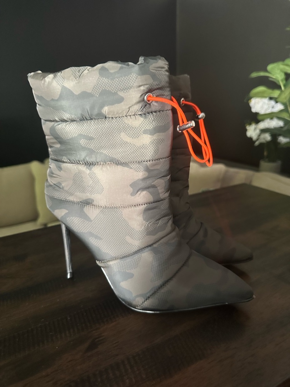 Steve Madden Camouflage Puffer Booties with Orange Drawcord